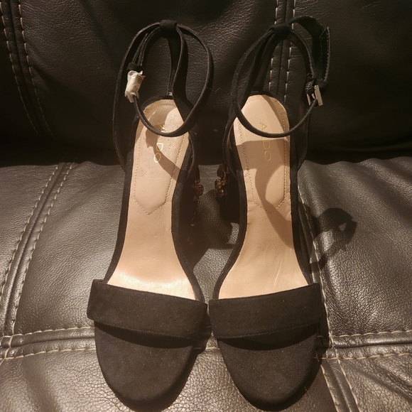 Aldo Luciaa Black Suede Open Toe Crystal Stone Block Heel NEW - Picture 3 of 9